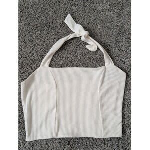 MP|C Cream Ribbed‎ Halter Neck Crop Top Square Neck Tie Back Womens Large
